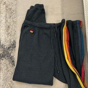 Dark Gray Aviator Nation Sweatpants with Rainbow Stripes